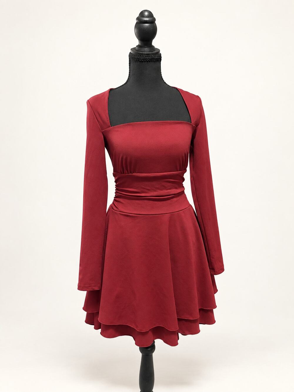 Burgundy Long-Sleeve Ruched Fit-and-Flare Dress Size Small NWOT